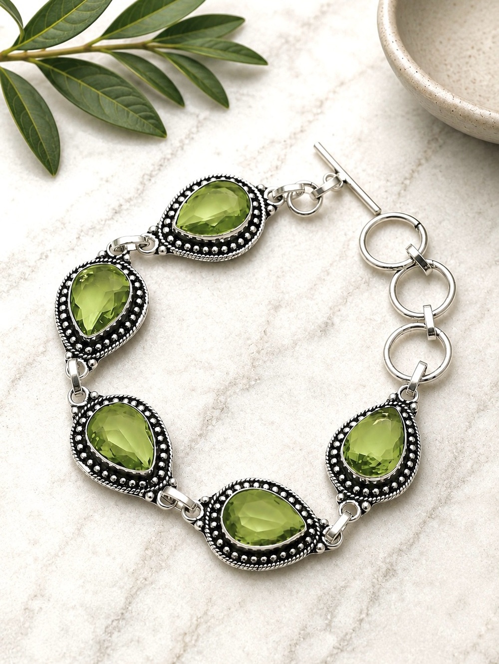 5-Stone Green Peridot Teardrop Crystal 925 Silver Adjustable Bracelet